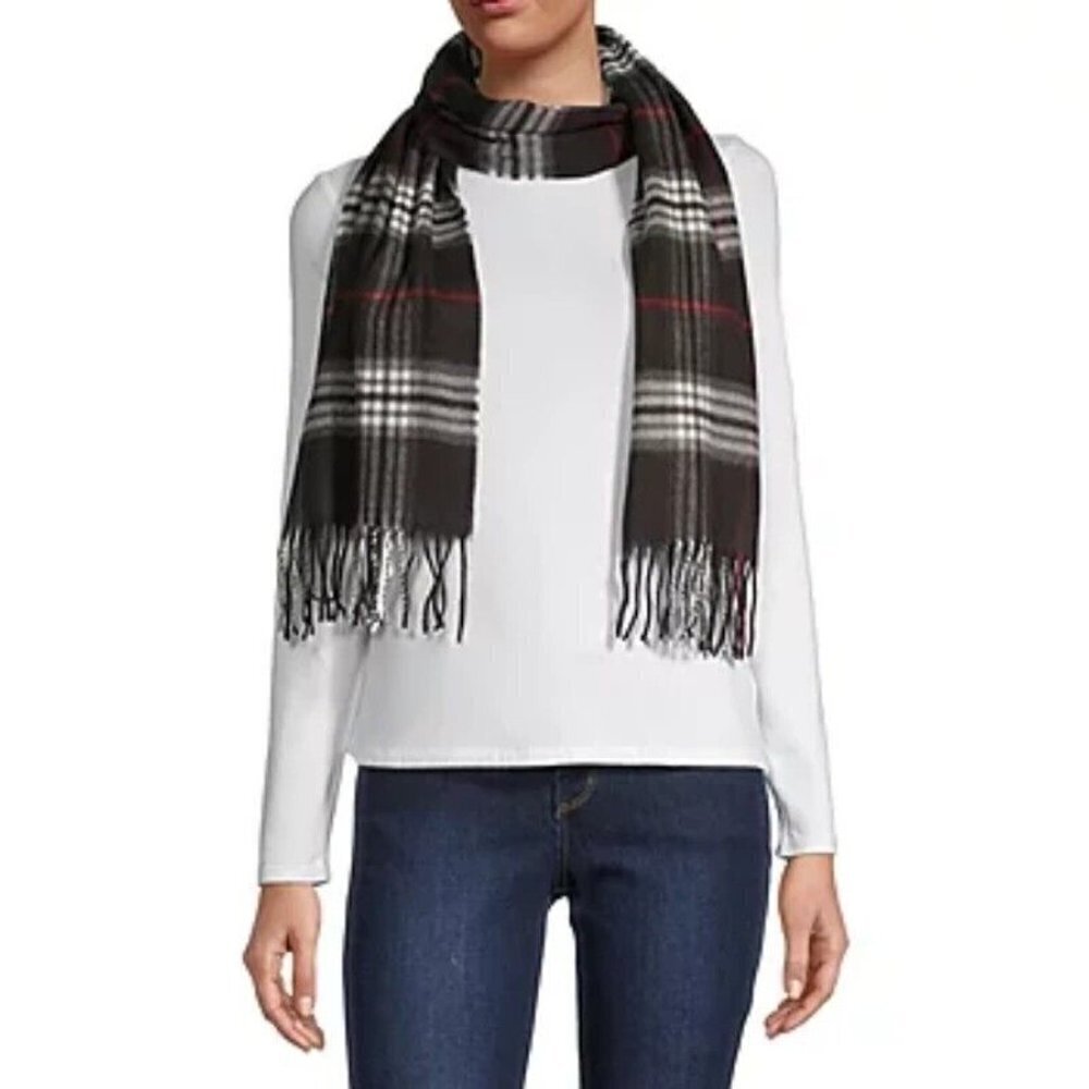NEW V.FRAAS UNISEX BLACK PLAID FRINGE SCARF